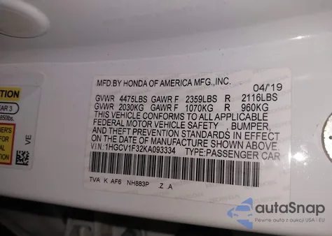 2019 Honda Accord Sport из США, поврежденный, VIN 1HGCV1F32KA093334